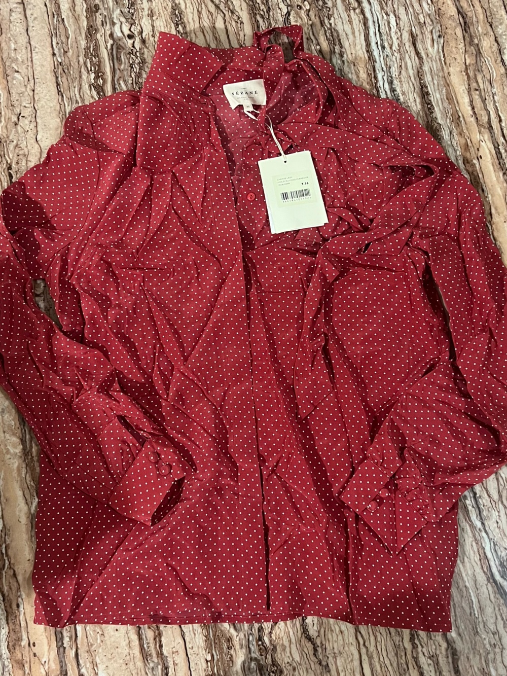 Sezane red polka dot tie-front blouse